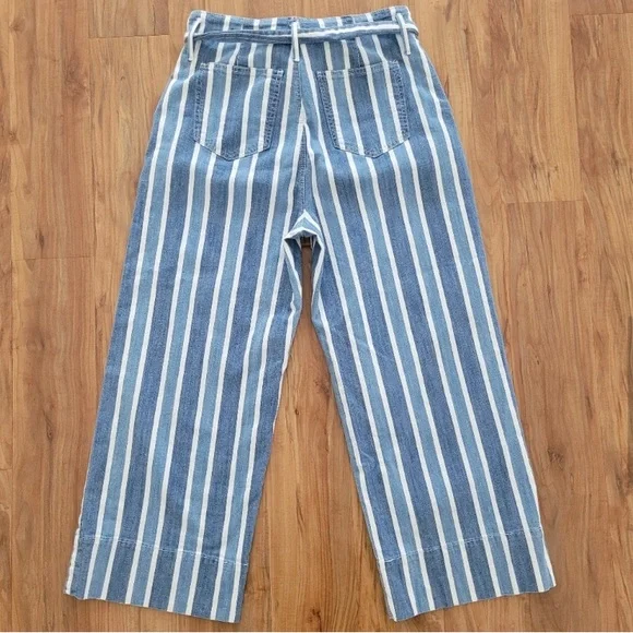 Ann Taylor High-Rise Wide Leg Denim Ankle Pants Stripe Blue White Waist Tie Sz 6 - Picture 7 of 16